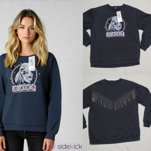 Vinyl Icons BLONDIE Graphic Black Studded Beaded Fringe Crewneck Sweatshirt M